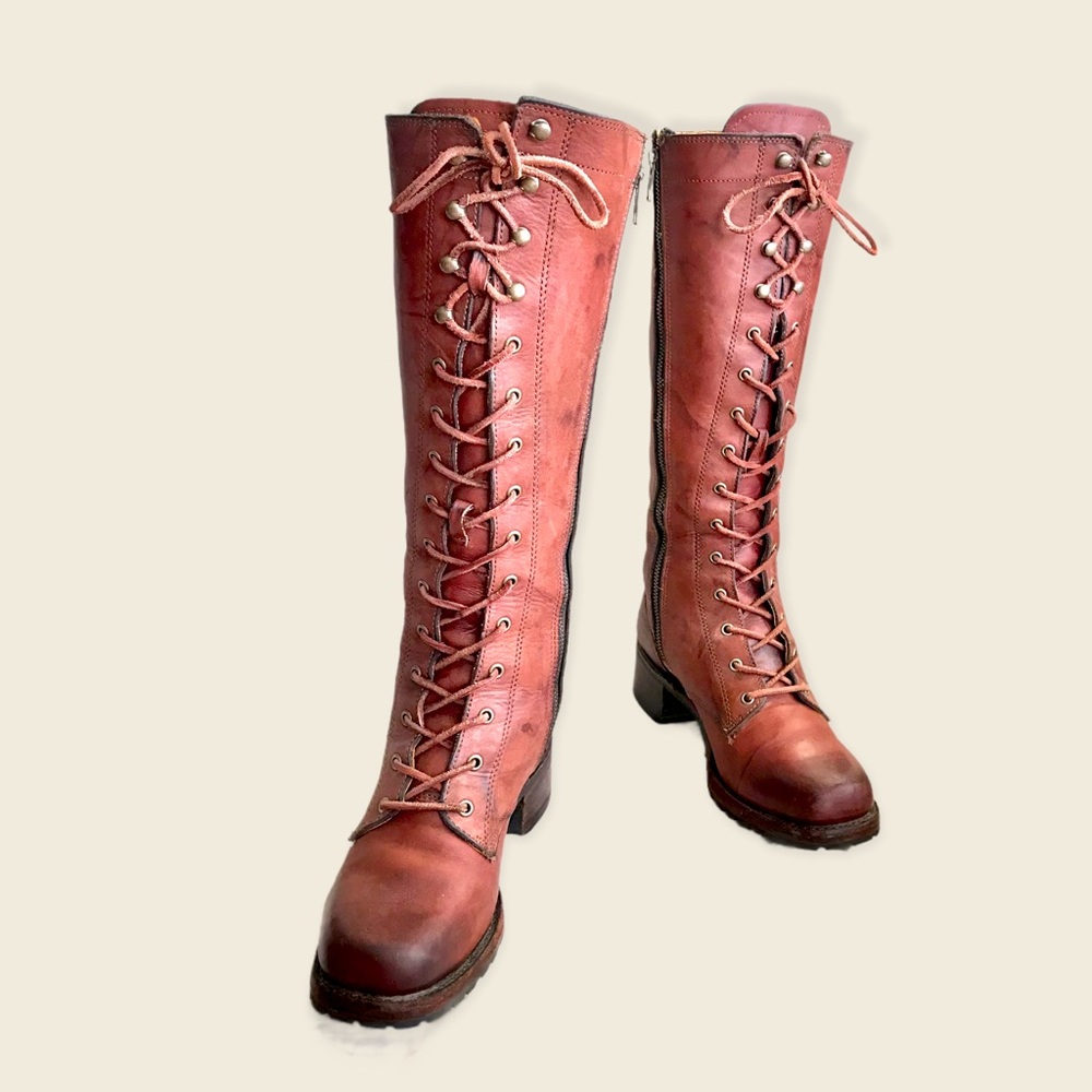 Frye Campus Lug Lace Up Cognac/Saddle Distressed Vintage Leather Heeled Boots - Picture 12 of 16